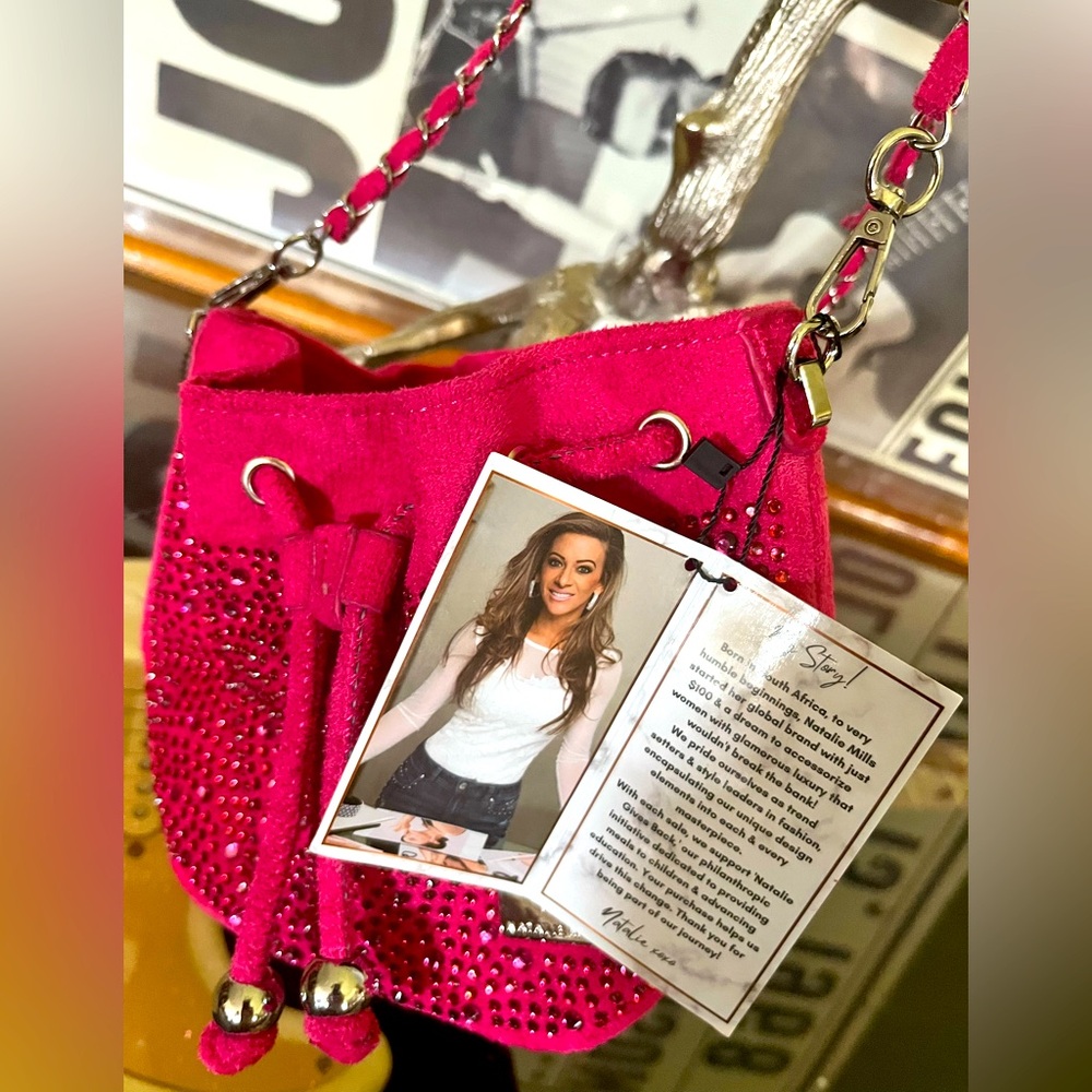 Natalie Mills Pink Crystal Bucket Bag – Rhinestone Embellished Suede – NWT